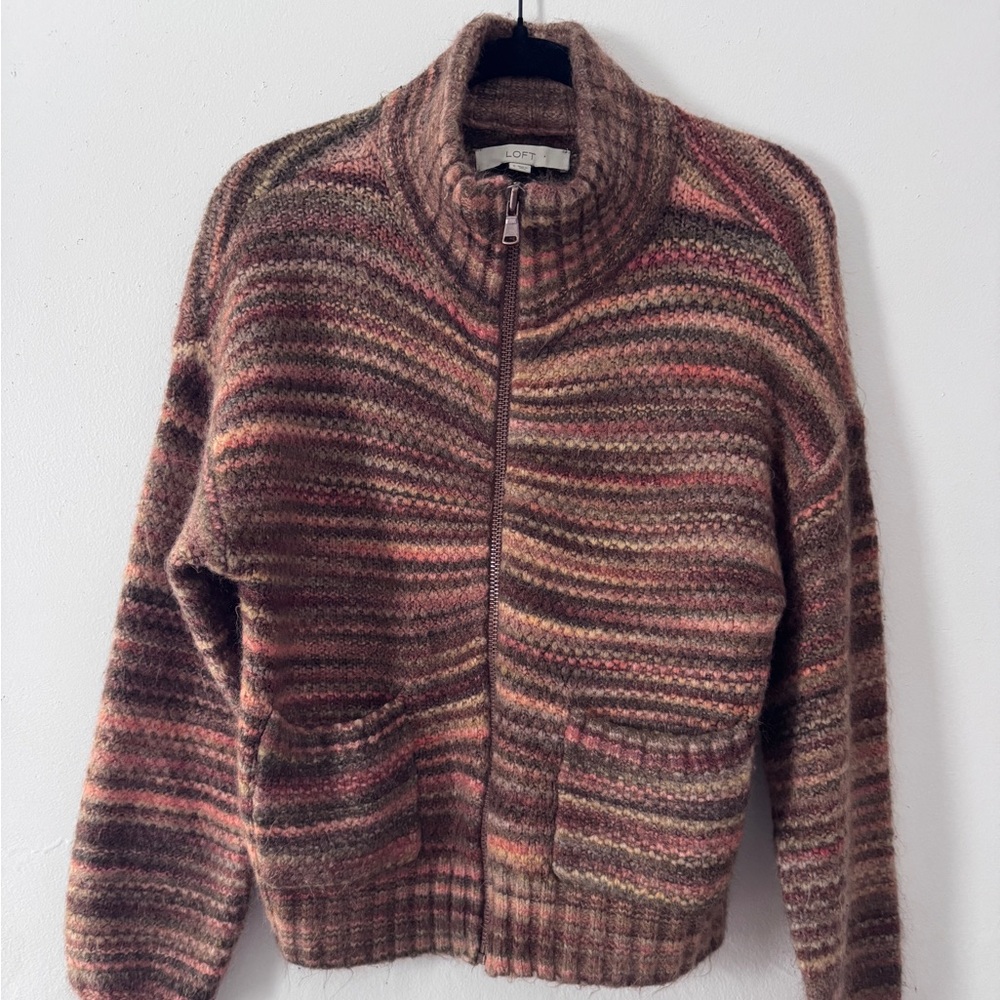 LOFT Multicolor Striped Zip-Up Sweater Brown/Orange/Pink
